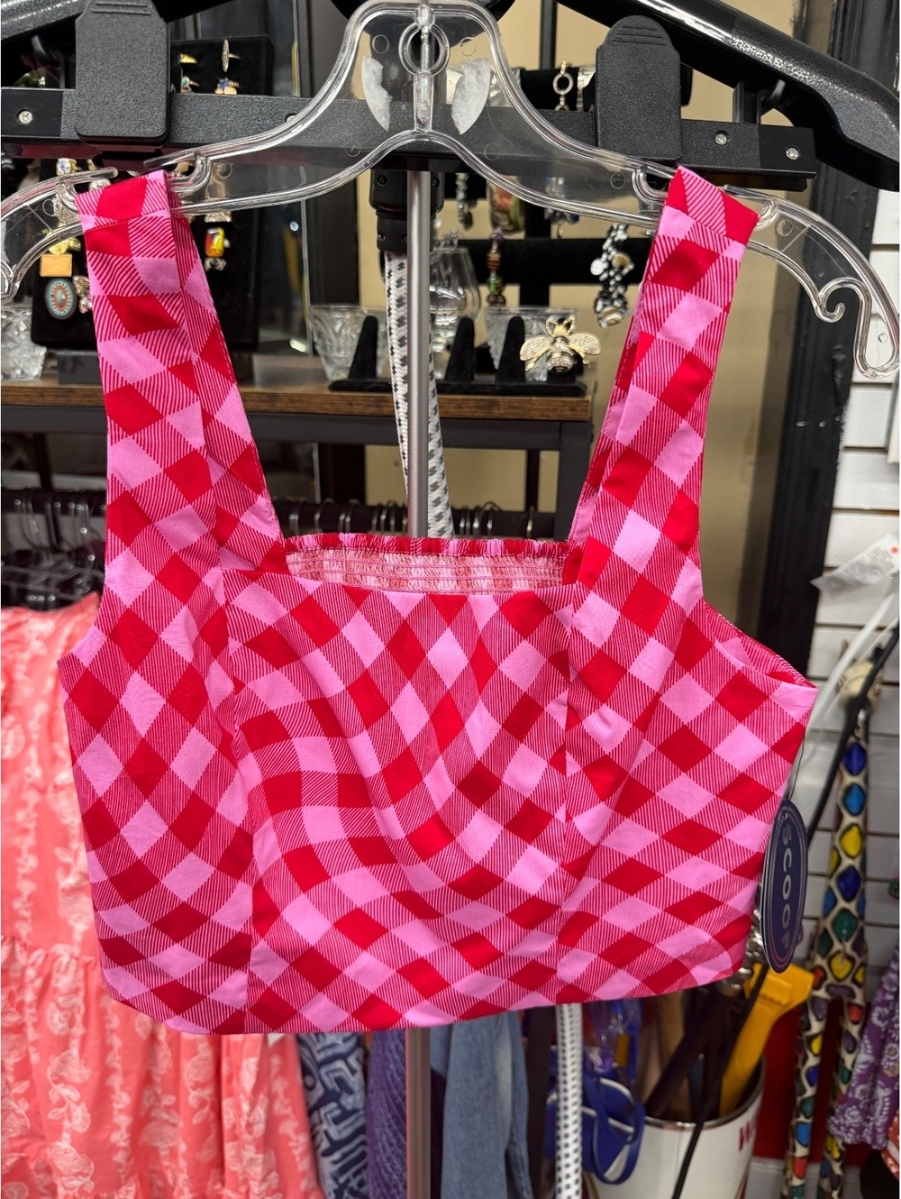 Scoop Pink Red Gingham Square Neck Crop Top Smocked Back S 4-6 NWT